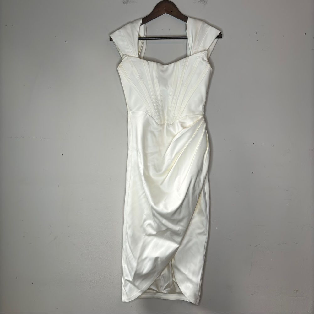 House of CB London Loretta Ivory Satin Off Shoulder Dress Size S - Picture 2 of 16